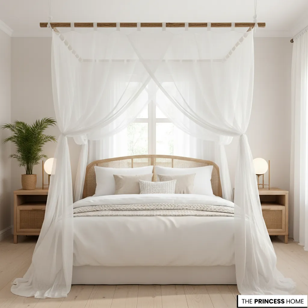 White canopy bed with sheer curtains, a rattan headboard, and matching wooden nightstands.