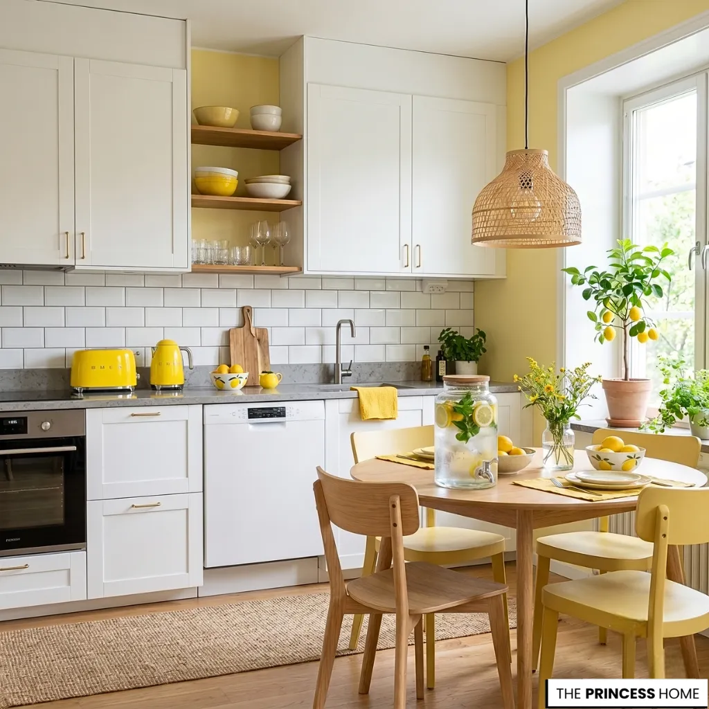 White kitchen with yellow walls, a round wooden dining table, yellow chairs, and matching lemon-themed accents.