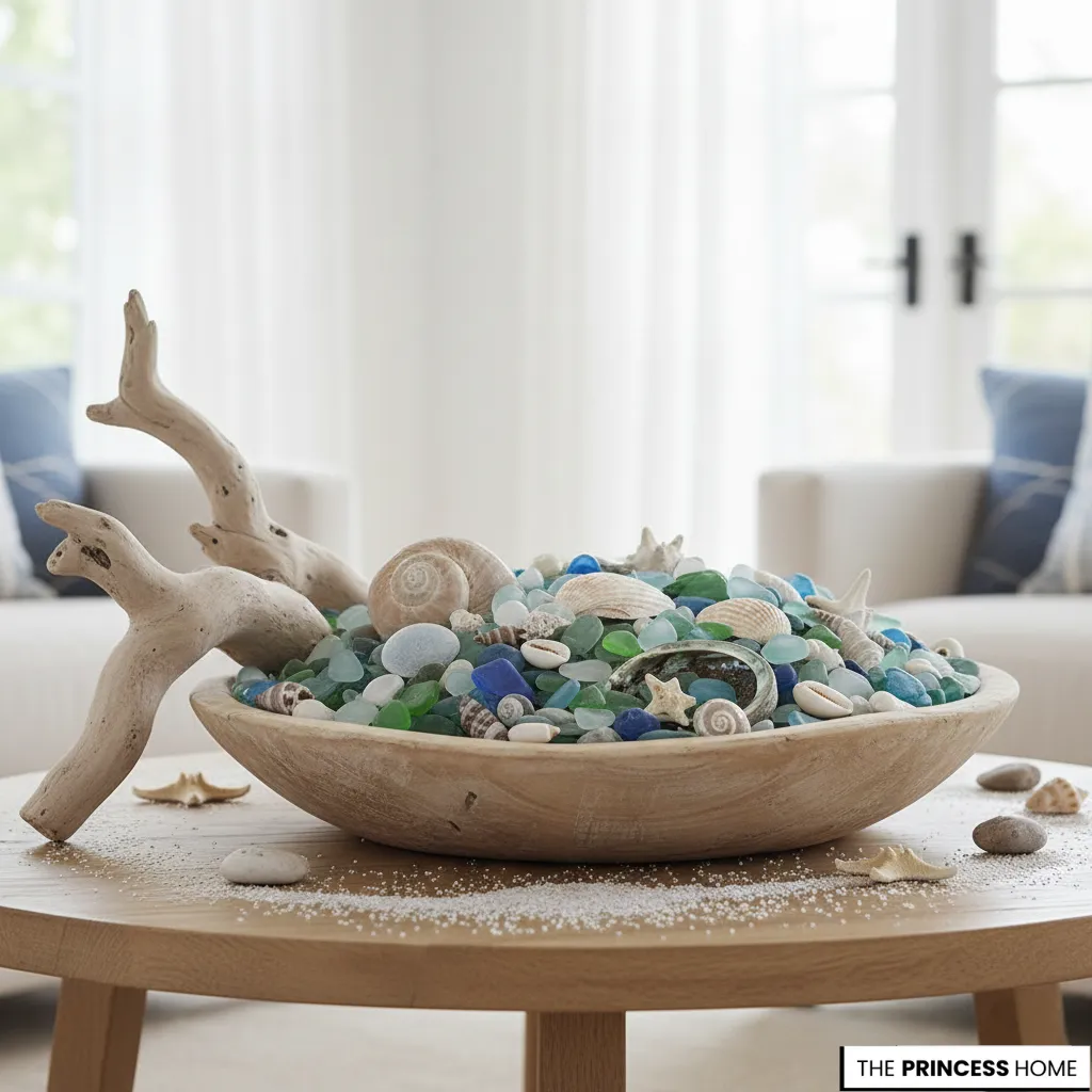 Wooden bowl filled with colorful sea glass, seashells, and starfish on a coffee table with a driftwood accent.