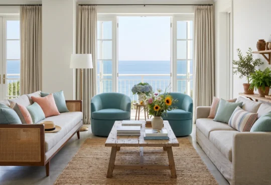 Coastal living room with beige sofas, blue armchairs, a jute rug, and glass doors opening to a beautiful ocean view.