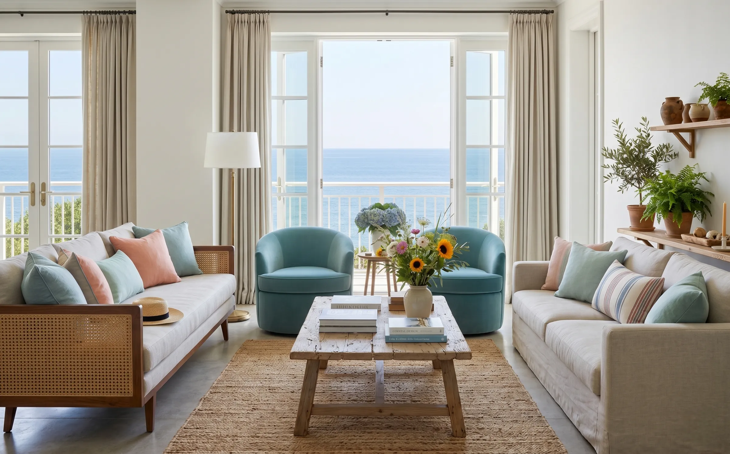 Coastal living room with beige sofas, blue armchairs, a jute rug, and glass doors opening to a beautiful ocean view.
