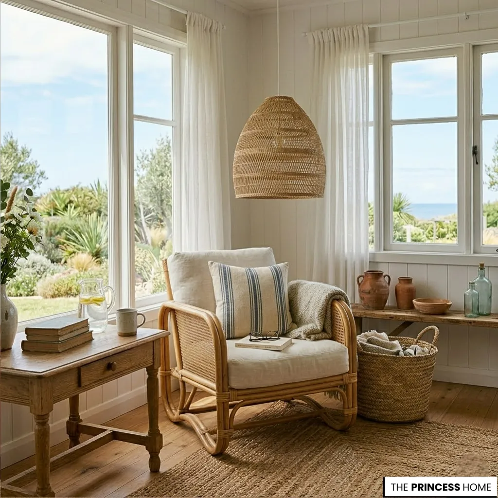 Coastal reading nook with a rattan armchair, woven pendant light, jute rug, and windows showing a sea view.