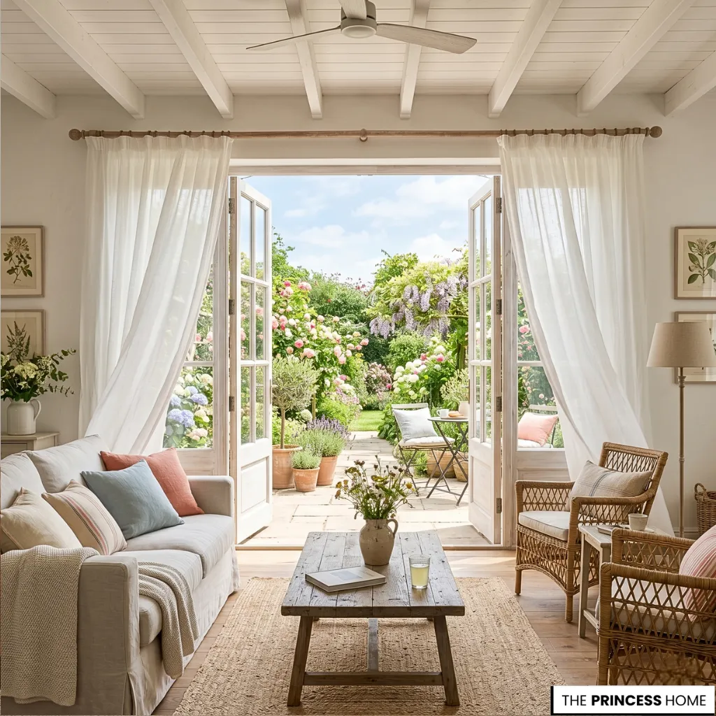 Cottage living room with a white sofa, woven armchairs, and open French doors leading to a patio and lush garden.