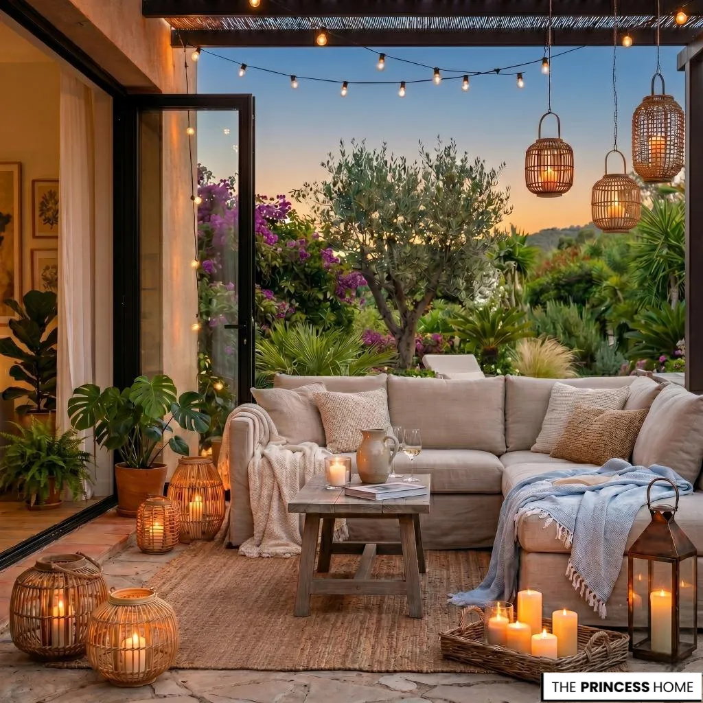 Cozy outdoor patio with a beige sectional sofa, rattan lanterns, string lights, and a lush garden background at sunset.