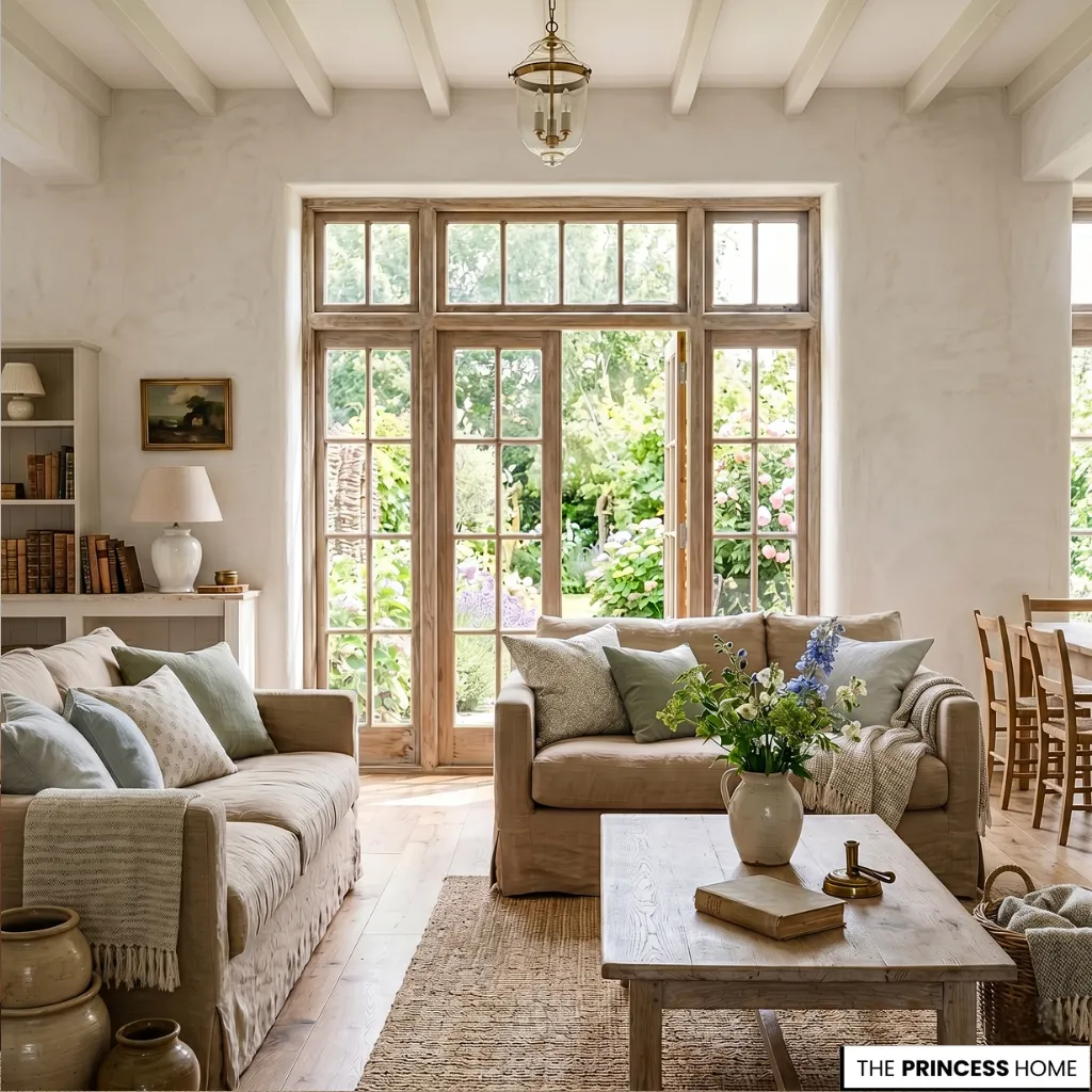 English country living room with beige linen sofas, wooden coffee table, and large French doors opening
