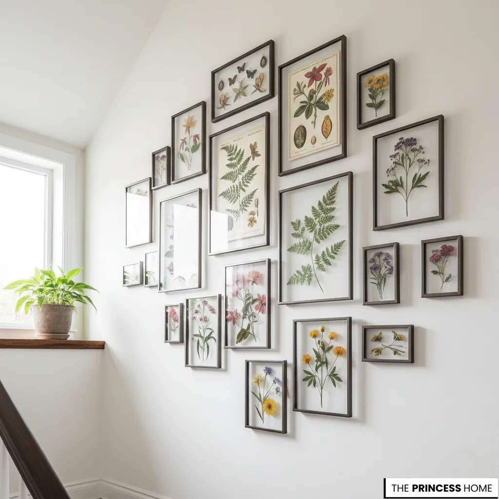 A gallery wall featuring multiple framed botanical prints and pressed flowers on a white staircase wall.
