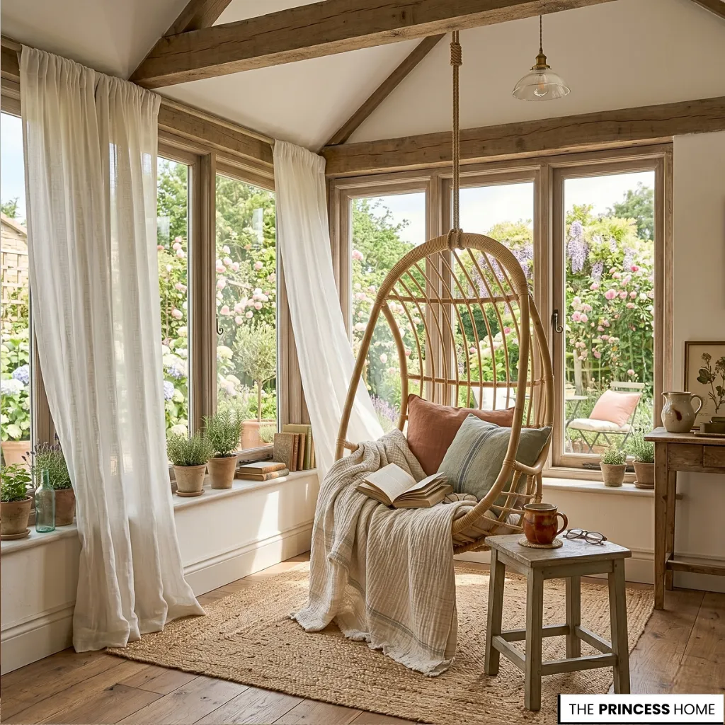 Cozy garden room featuring a hanging rattan chair with a blanket, wooden beams, and windows overlooking
