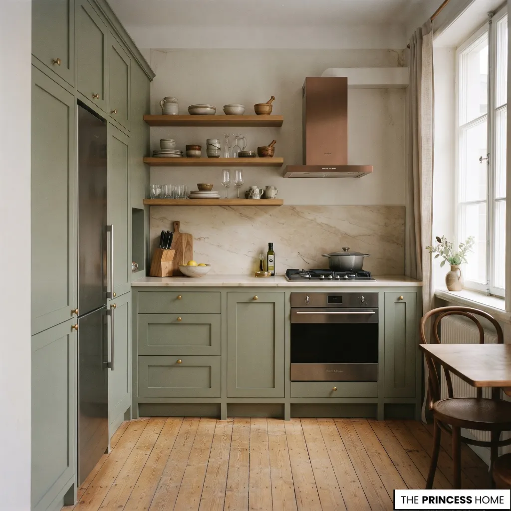 A compact kitchen with efficient cabinetry, accessible storage, and clear circulation space.
