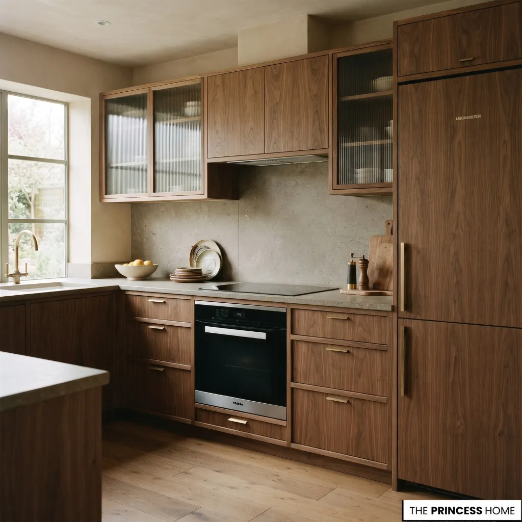 A fitted kitchen showing built-in cooking appliances and an extractor hood integrated with the cabinetry.