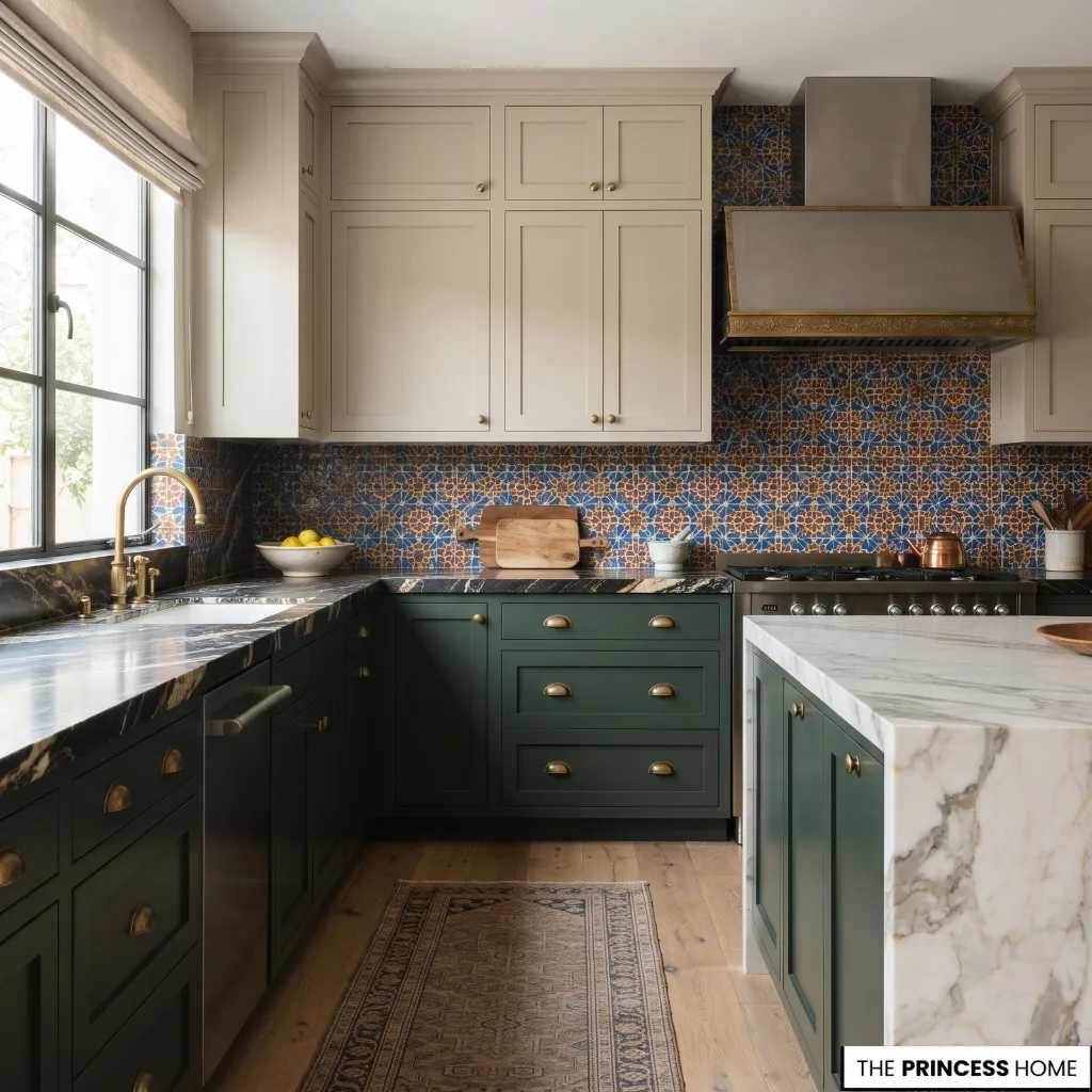 A kitchen with competing cabinet, countertop, and backsplash finishes that lack a coordinated relationship.