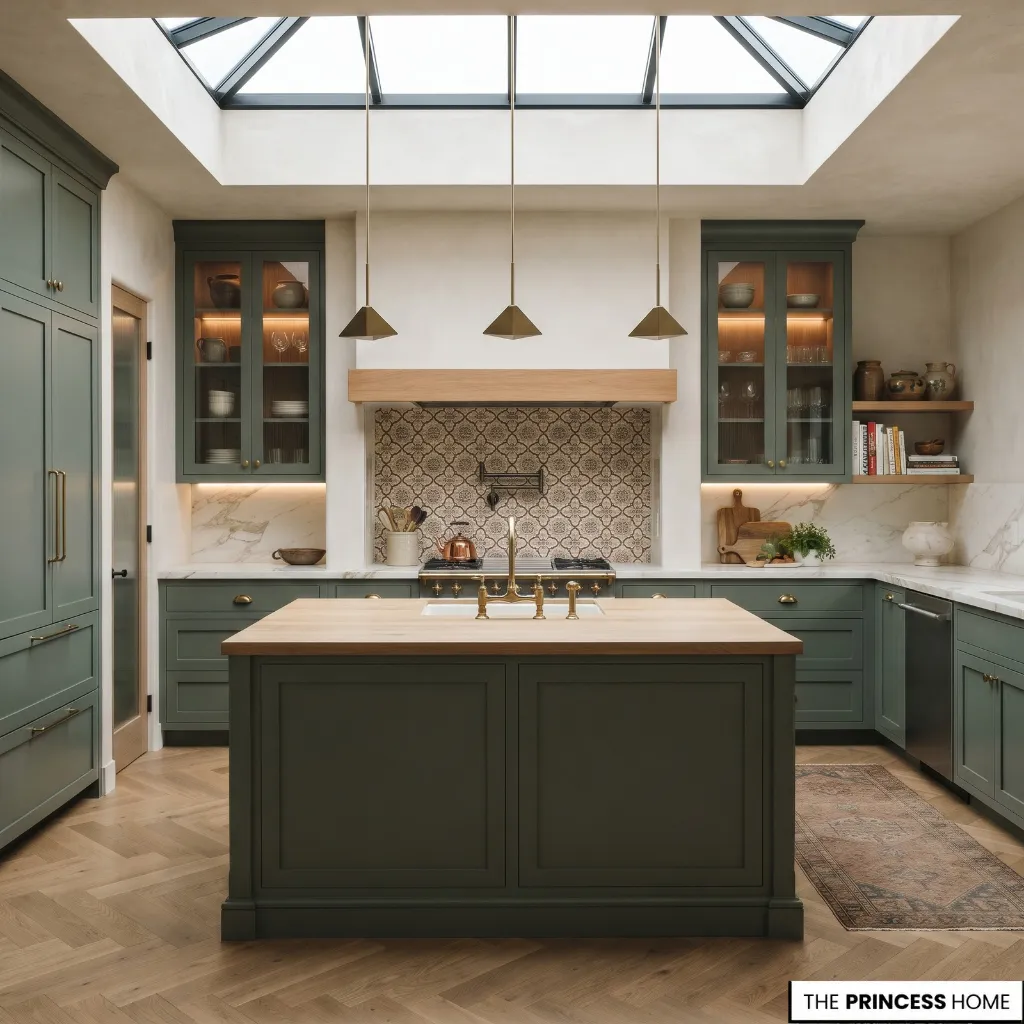 A transitional kitchen combining framed cabinetry, restrained modern lighting, and coordinated material finishes.