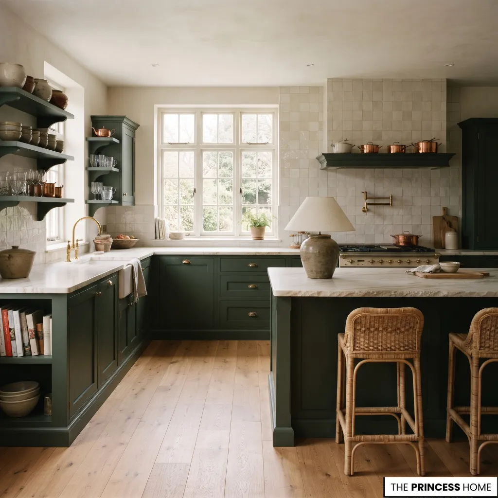 A kitchen combining colored cabinetry, a stone countertop, a ceramic backsplash, and timber flooring.