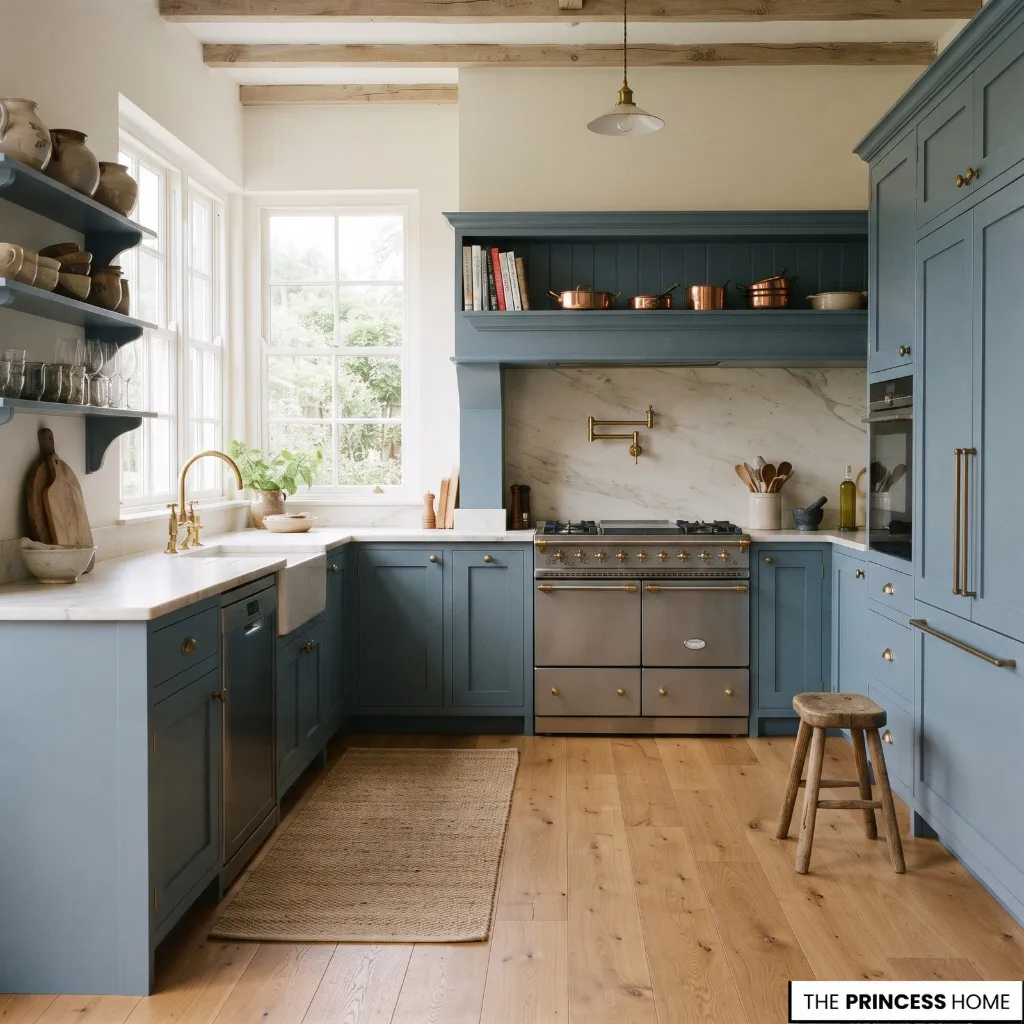 An L-shaped kitchen with connected countertop runs and an open central circulation area.