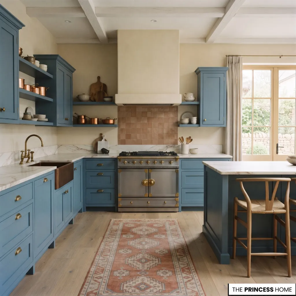A coordinated kitchen color scheme combining muted blue cabinetry, warm cream surfaces, and subtle earthy accents.