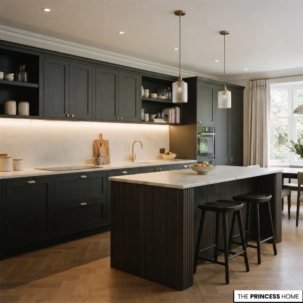 A kitchen with general ceiling illumination, under-cabinet task lighting, and pendant lights over an island.