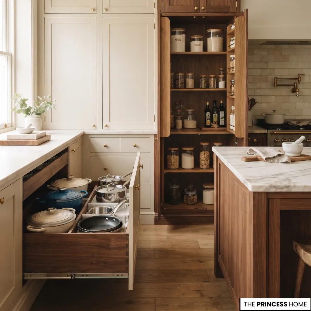 Kitchen drawers and cabinets organized to keep cookware and everyday items accessible.