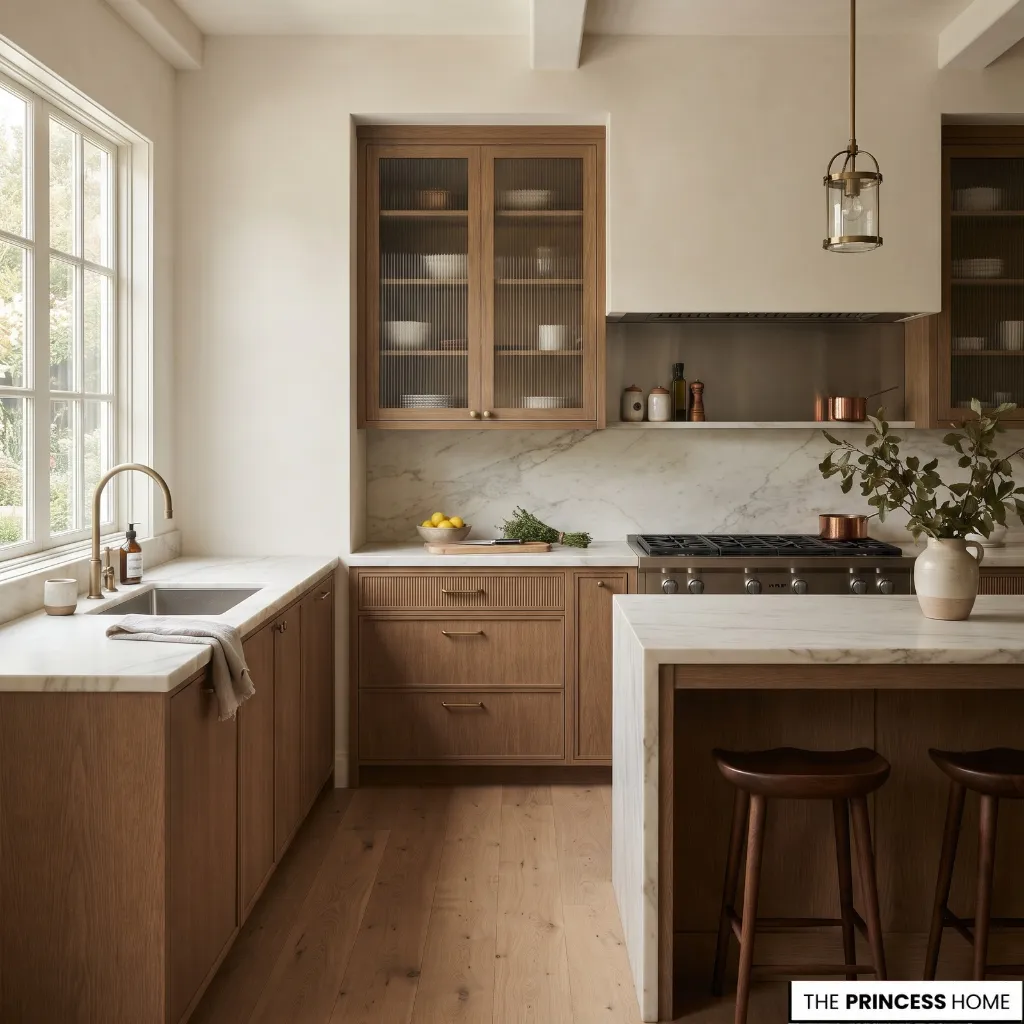 A kitchen with the sink, preparation counter, and cooking area positioned within a connected work arrangement.
