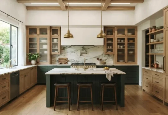 A well-planned residential kitchen with natural wood cabinetry, a stone island, integrated appliances, and balanced lighting.