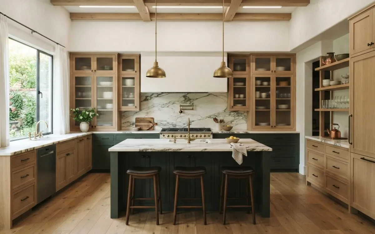 A well-planned residential kitchen with natural wood cabinetry, a stone island, integrated appliances, and balanced lighting.