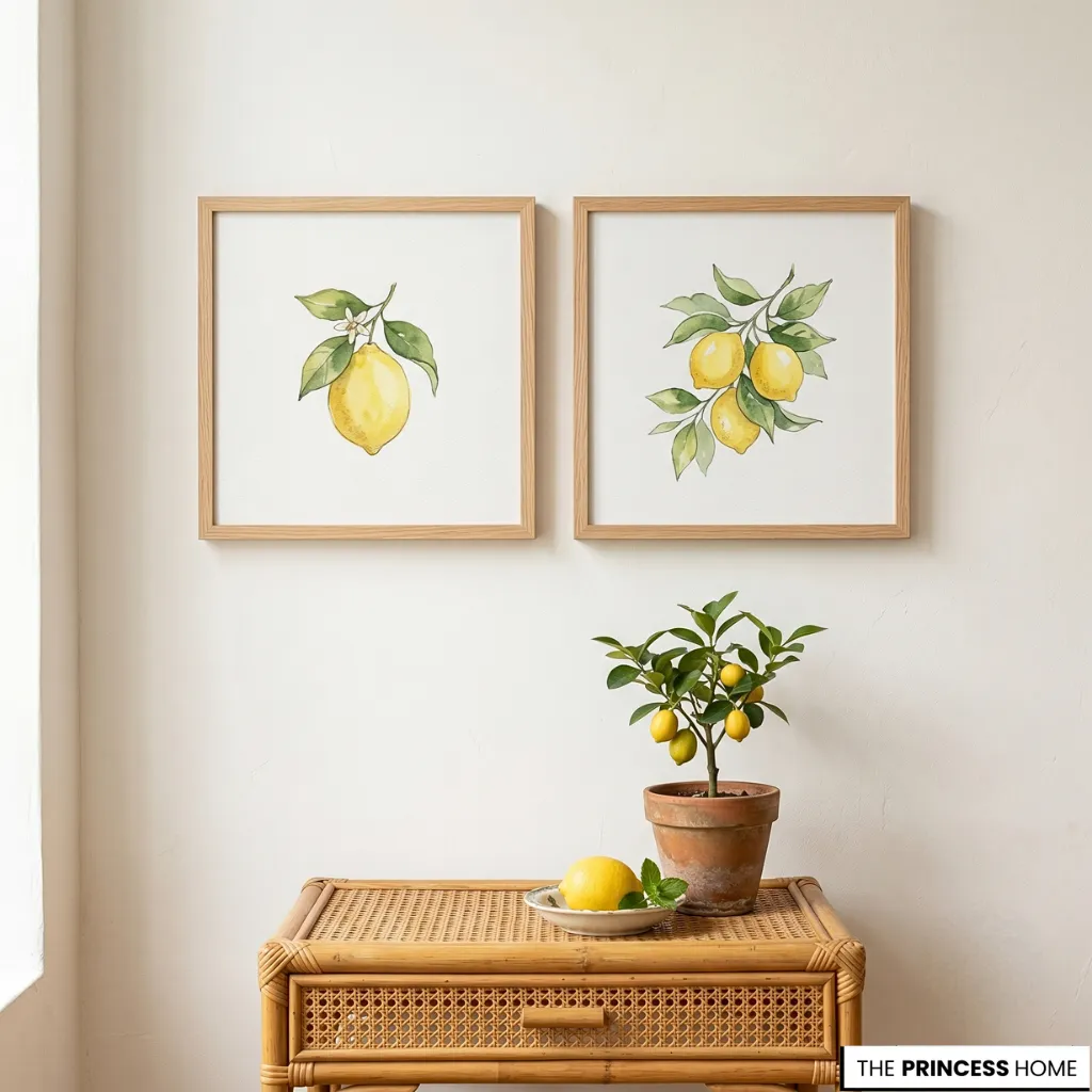 Framed lemon watercolor art prints hanging above a rattan console table with a small potted lemon tree.