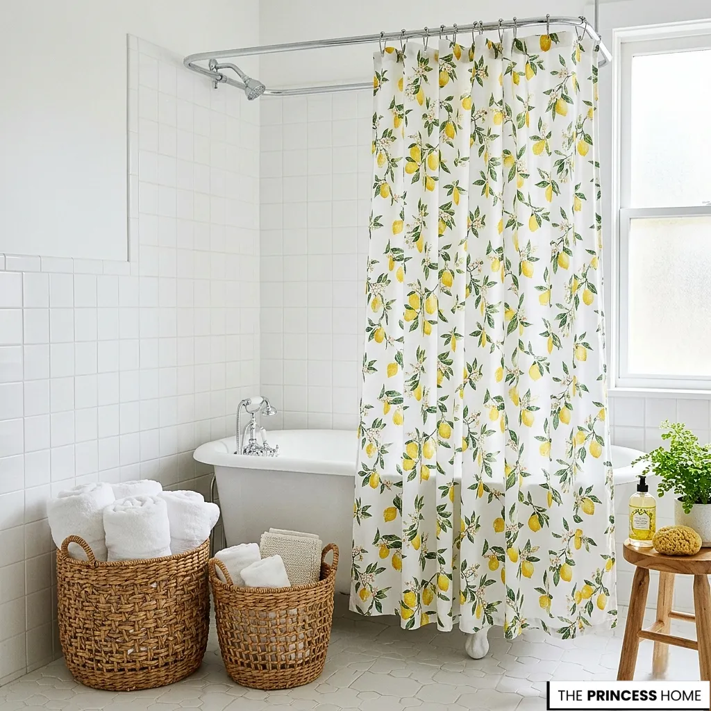 White bathroom featuring a clawfoot tub, woven storage baskets with towels, and a lemon patterned shower curtain.