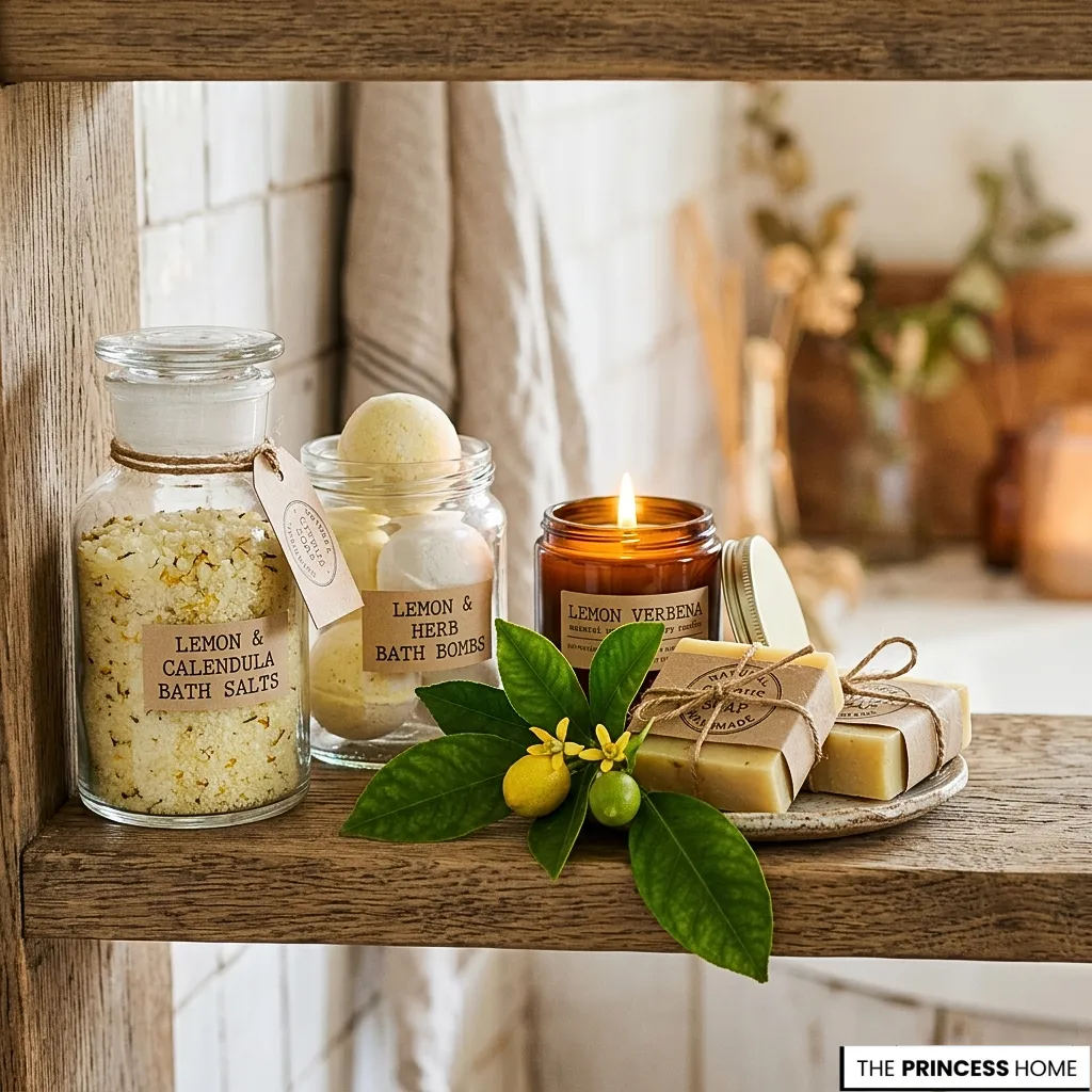 Lemon and calendula bath salts, bath bombs, a lit scented candle, and bar soaps arranged on a rustic wooden shelf.
