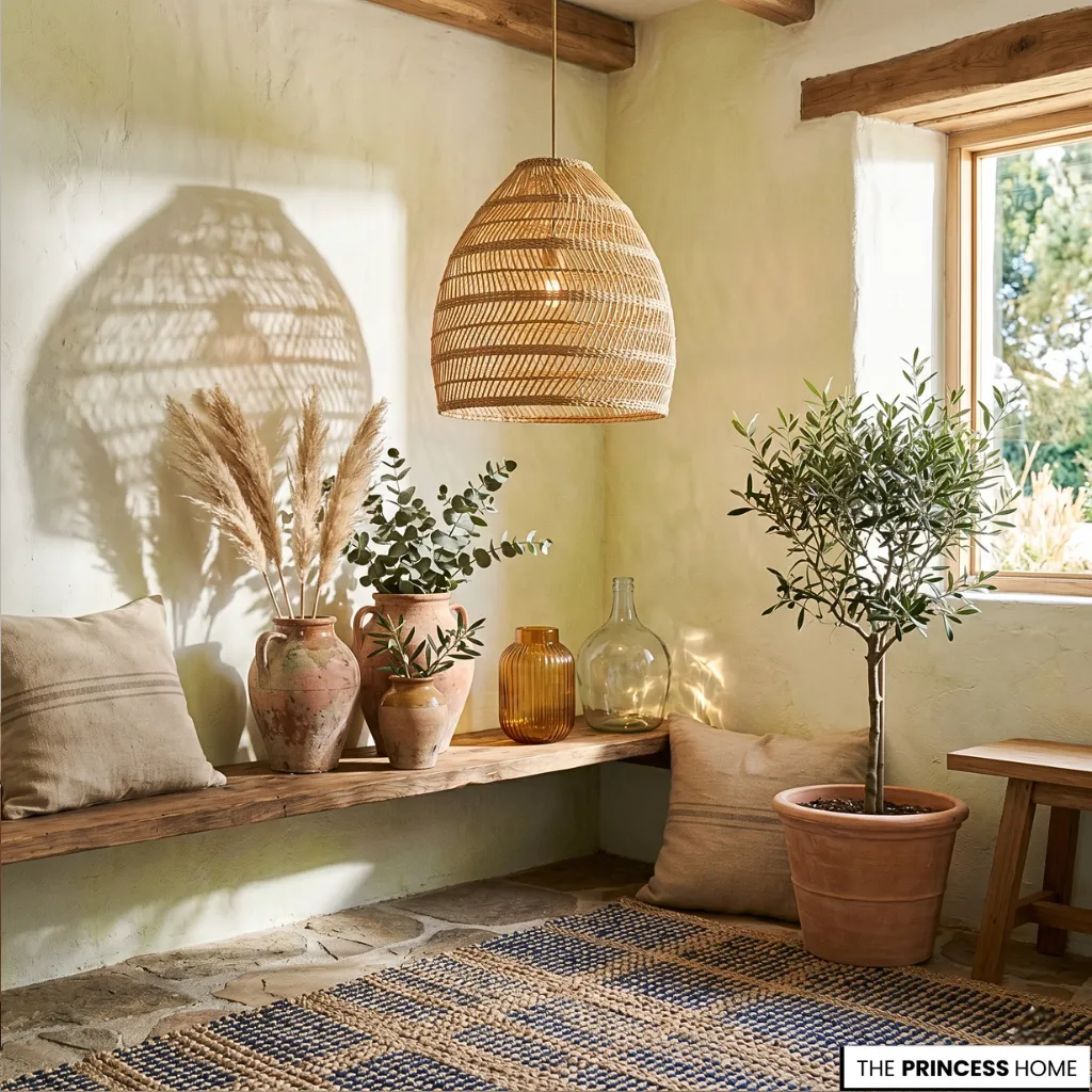 Mediterranean entryway corner featuring a woven rattan pendant light, potted olive tree