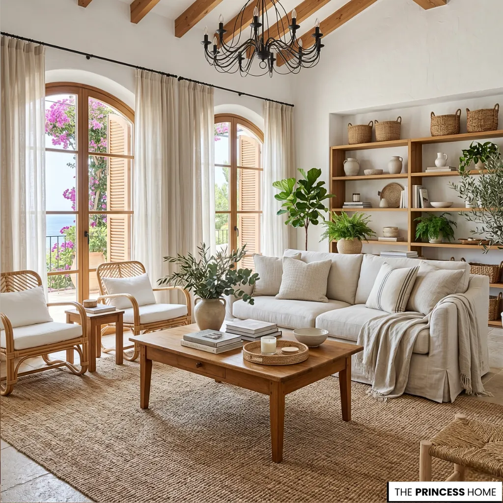 Mediterranean living room with white sofas, a wooden coffee table, a jute rug, and large arched doors