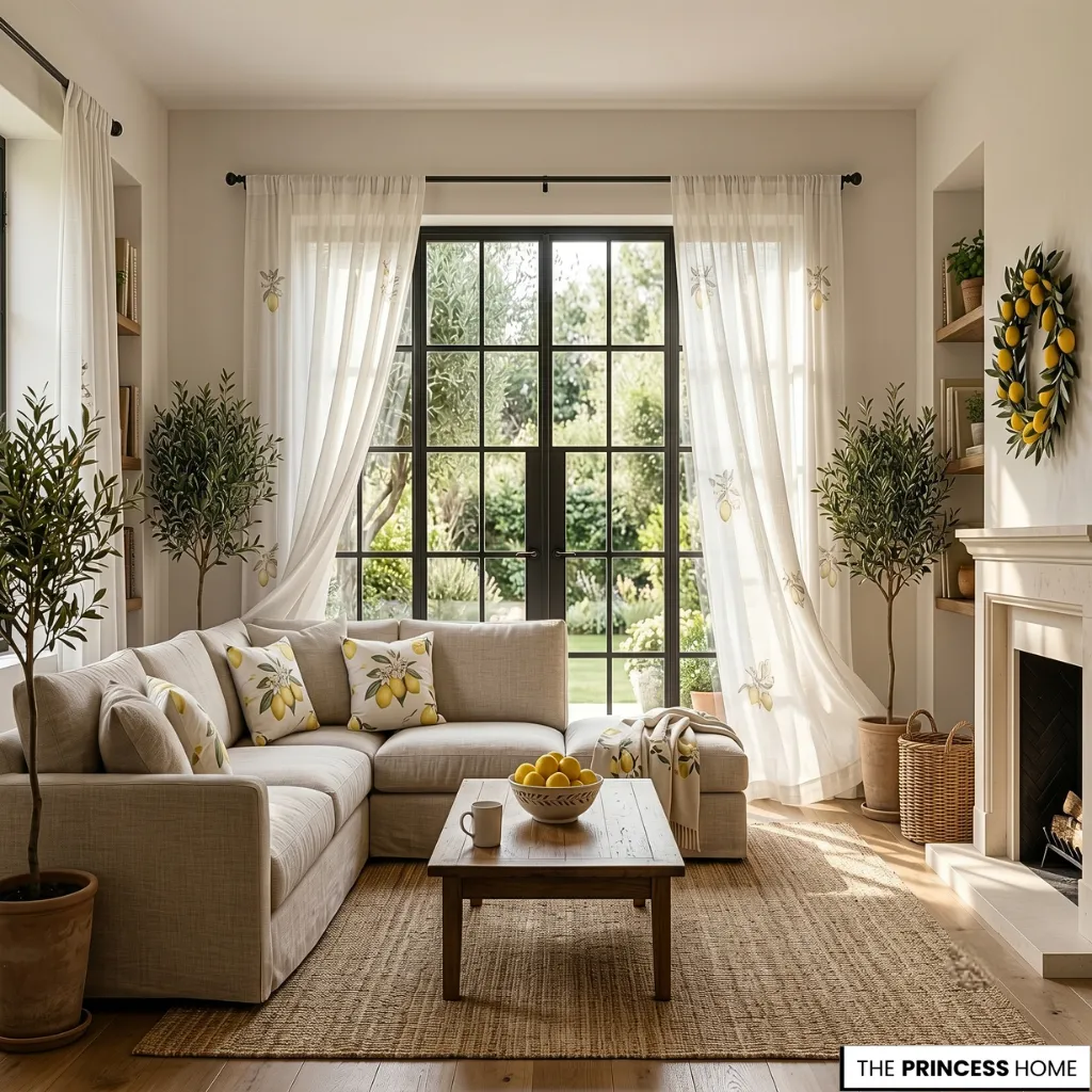 Mediterranean living room with a beige sectional sofa, lemon patterned pillows, olive trees, and large glass doors.