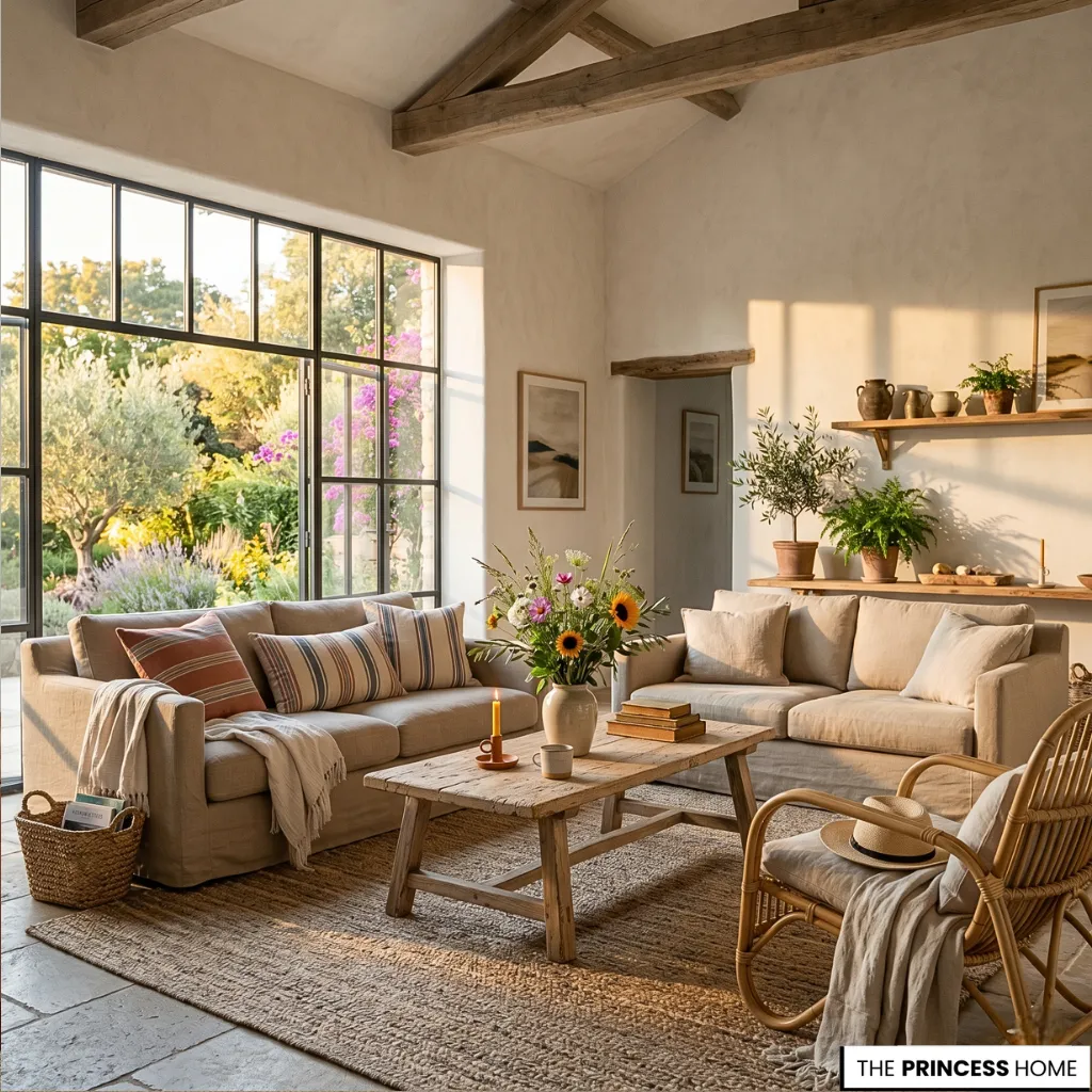 Mediterranean living room with beige sofas, a rustic wood coffee table, jute rug, and a large window facing a garden.