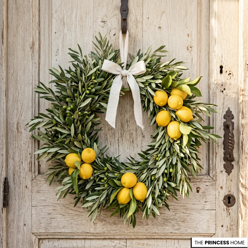 Olive branch and lemon wreath with a white bow hanging on a rustic wooden door.