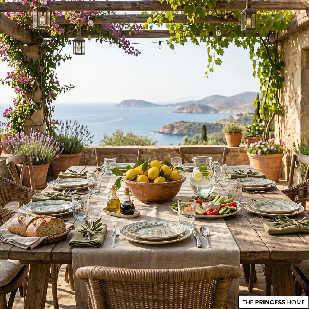 Mediterranean outdoor dining table with lemon bowl, olive oil, and fresh food overlooking a scenic sea view under a pergola.