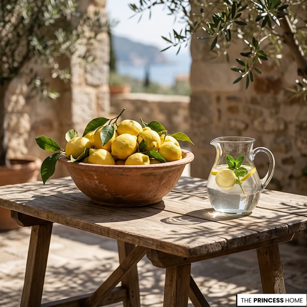 Rustic wooden table outdoors featuring a terracotta bowl of fresh lemons and a glass pitcher of water with lemon slices.