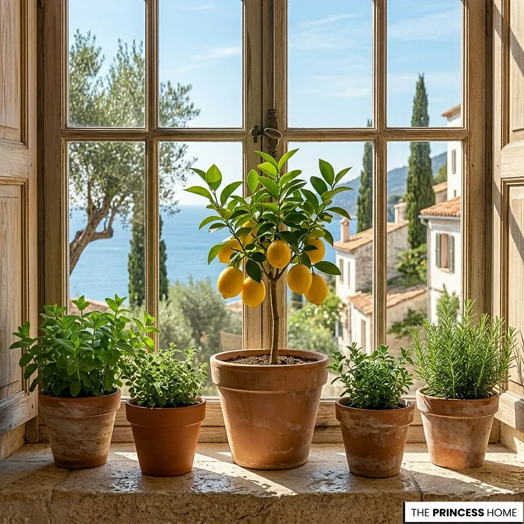 Potted lemon tree and fresh herbs on a sunny window sill overlooking a Mediterranean coastal village view.