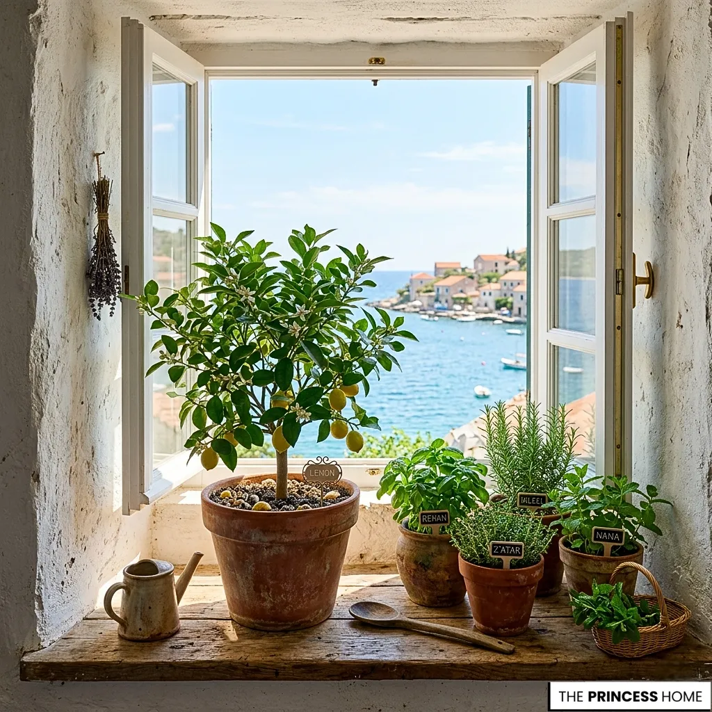 Potted lemon tree and herbs on a rustic wooden windowsill overlooking a sunny coastal Mediterranean village.