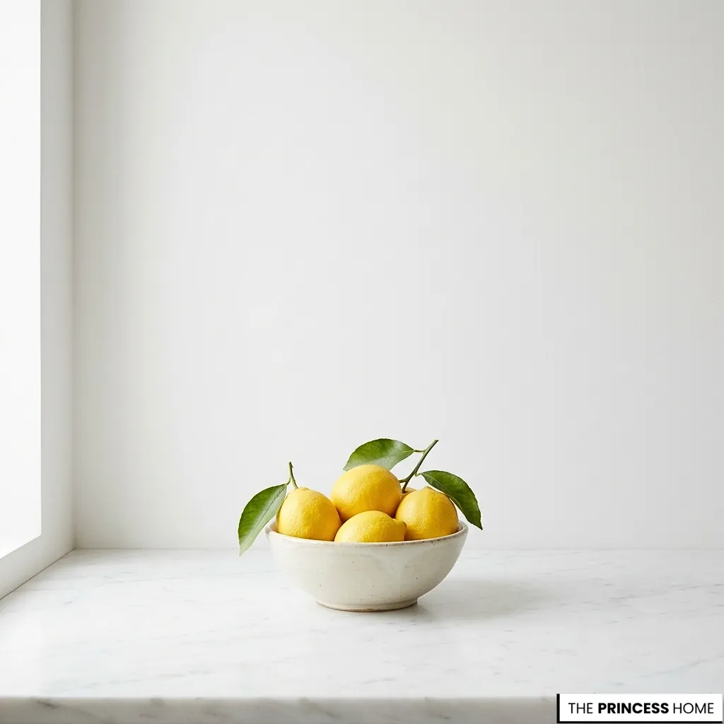 Ceramic bowl filled with fresh yellow lemons and green leaves on a bright white marble countertop.