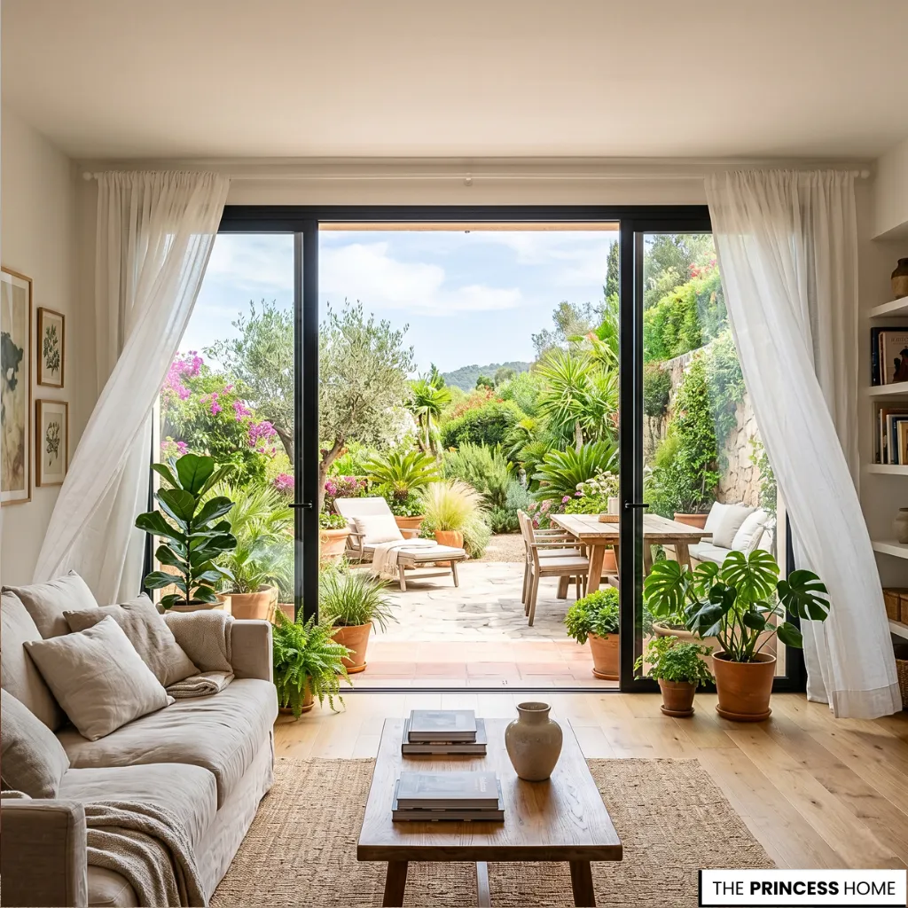 Modern living room with a beige sofa, wooden coffee table, and sliding glass doors opening to a lush Mediterranean garden.