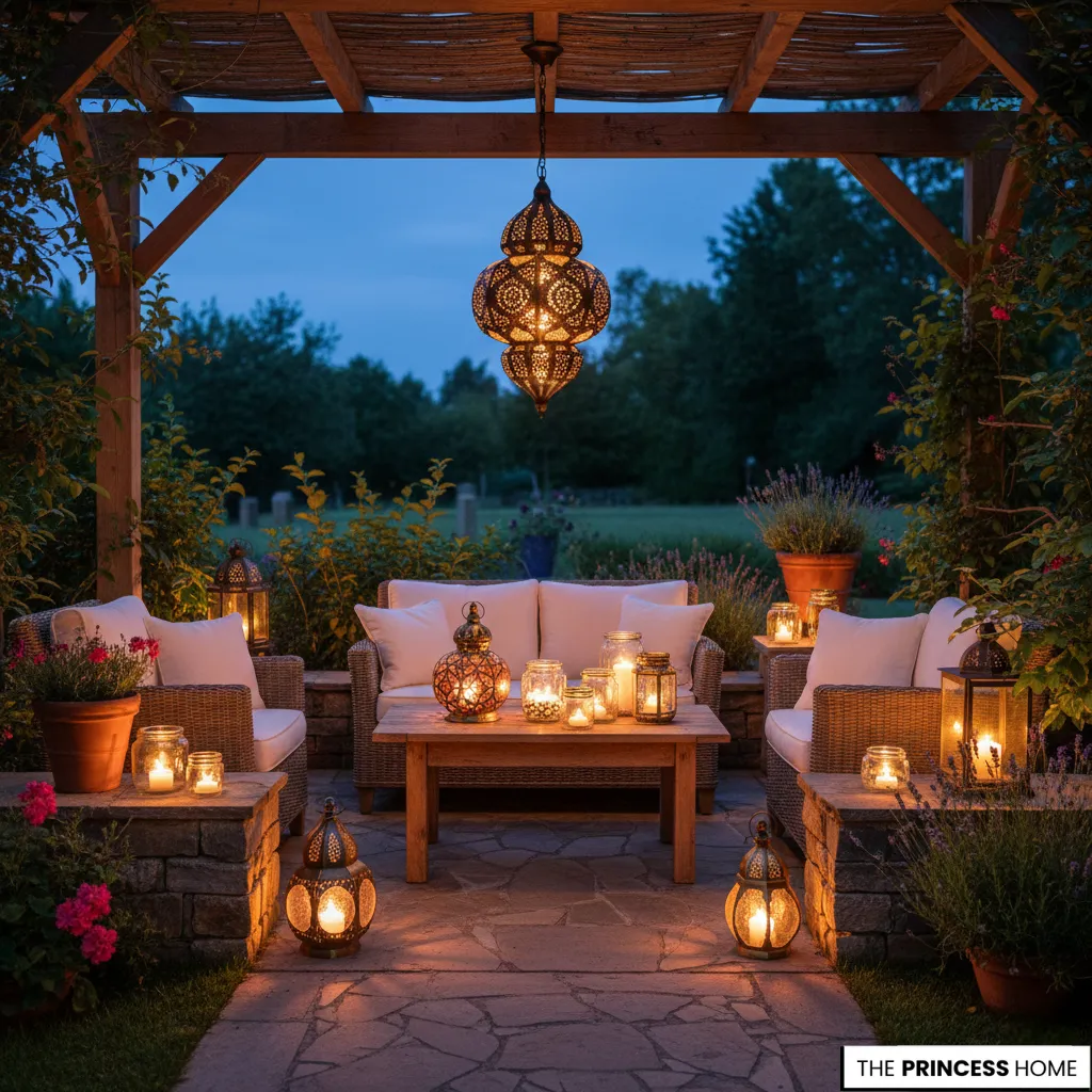 Cozy patio seating under a pergola decorated with hanging Moroccan lanterns and glowing candles at night.