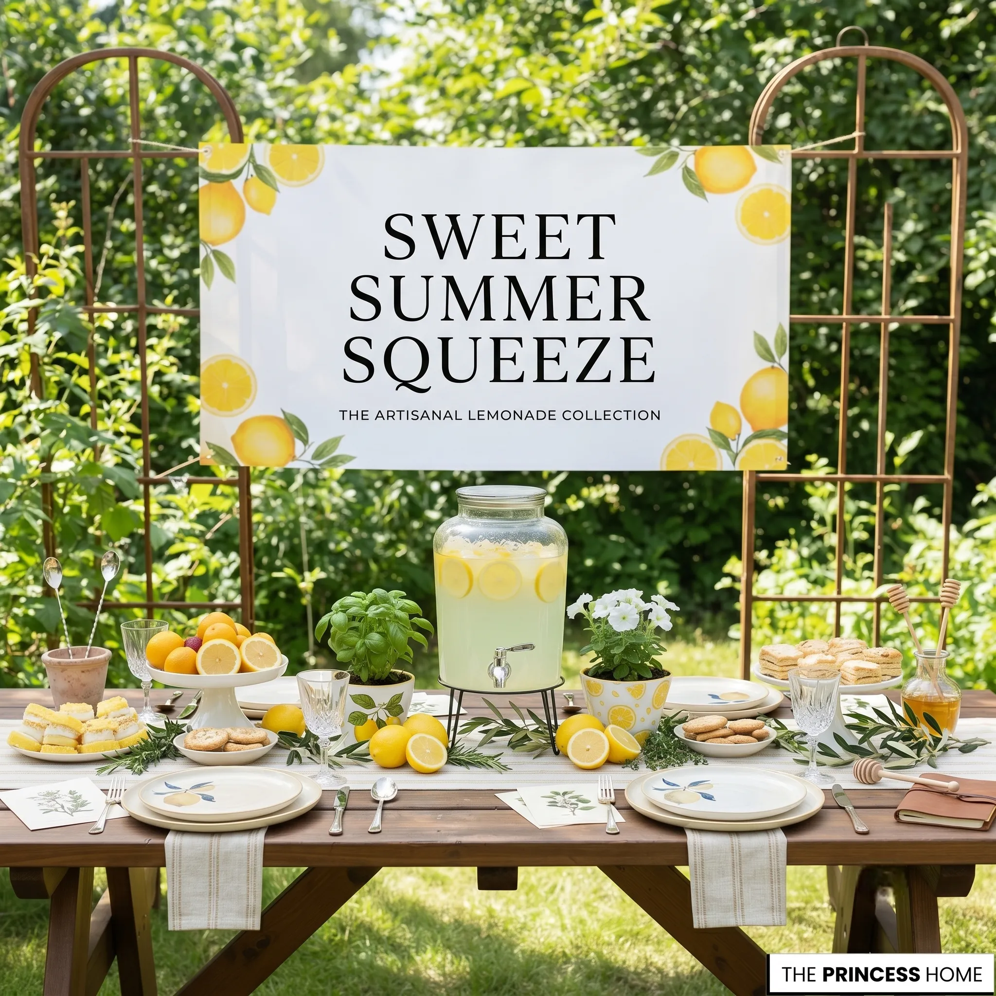 Outdoor lemonade bar set on a wooden table featuring a large beverage dispenser, lemon treats, and a Sweet Summer Squeeze banner.