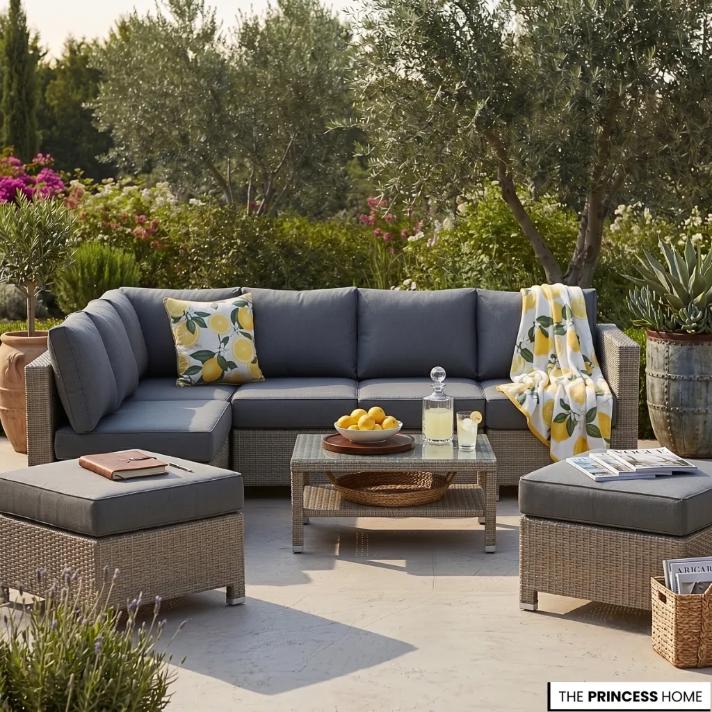 Grey outdoor wicker sectional sofa decorated with yellow lemon cushions and a matching throw blanket on a sunny patio.