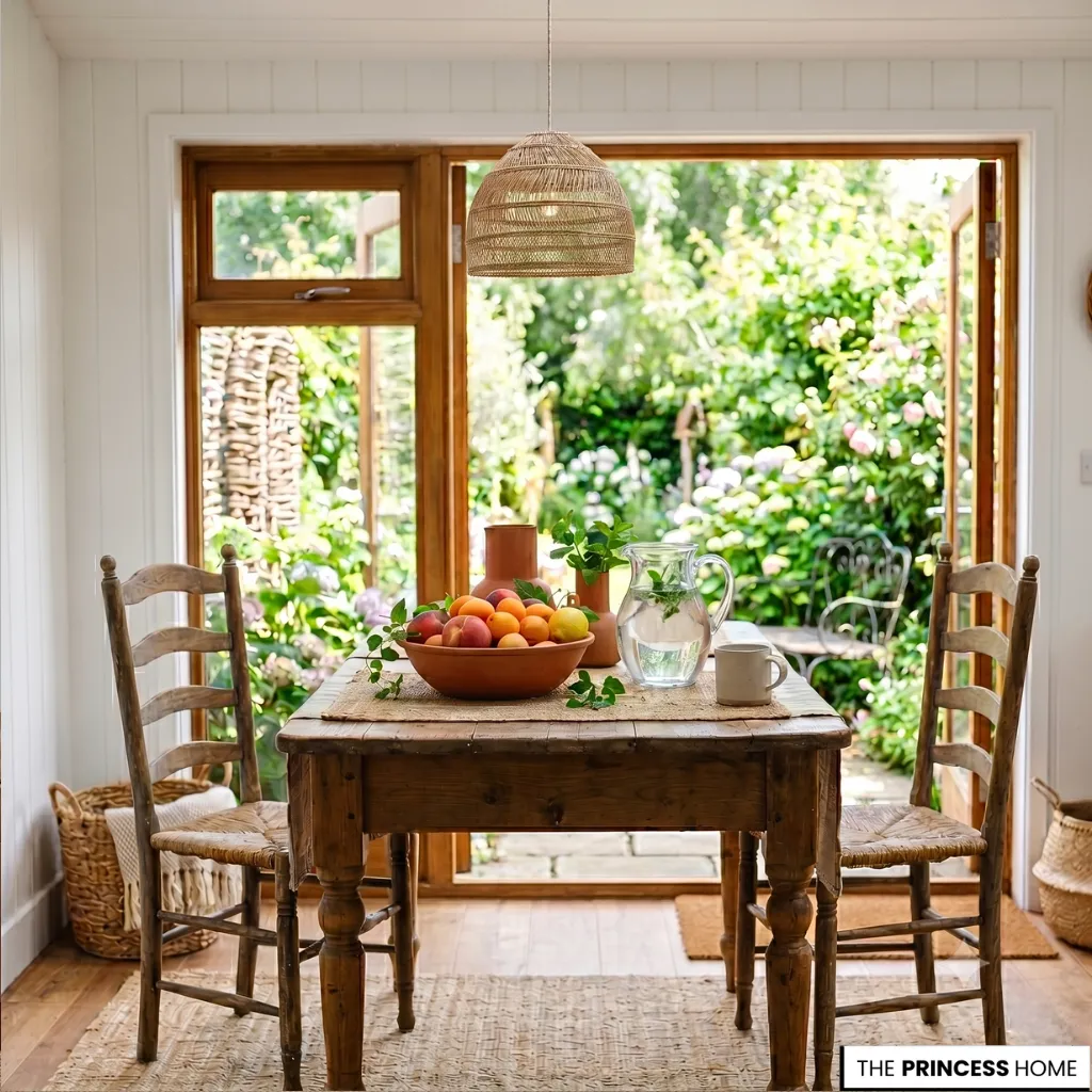 Rustic wooden dining table with fruit bowl and glass pitcher in front of open doors leading to a lush green garden.