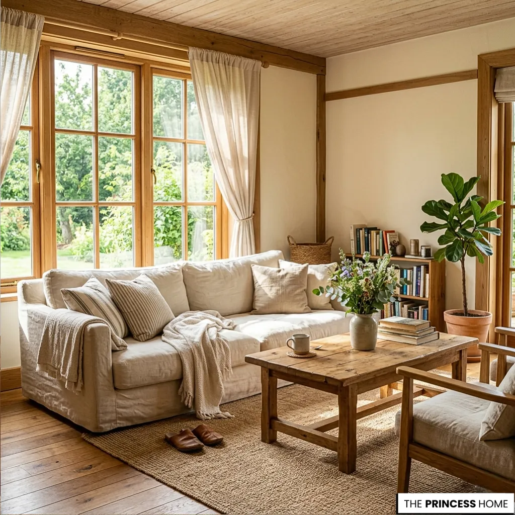 Rustic living room with a cream linen sofa, reclaimed wood coffee table, jute rug, and large wood-framed windows.