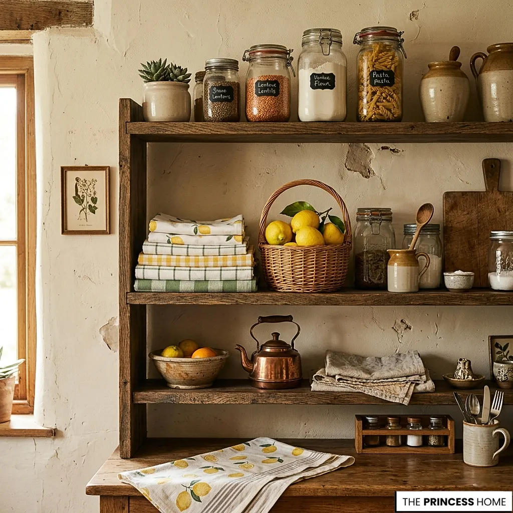 Rustic wooden shelves organized with labeled storage jars, a basket of fresh lemons, stacked linens, and a copper kettle.