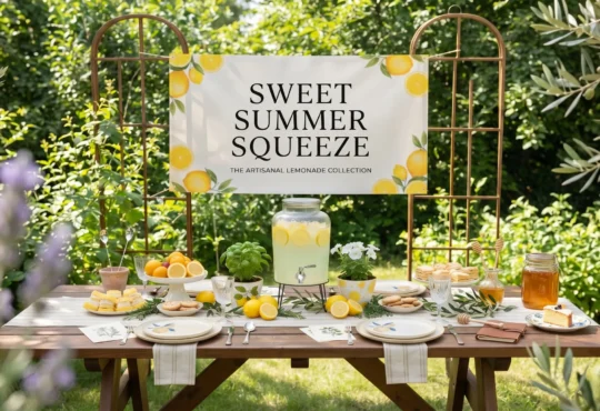 Summer garden party table setting with a large lemonade dispenser, fresh pastries, and a Sweet Summer Squeeze sign.