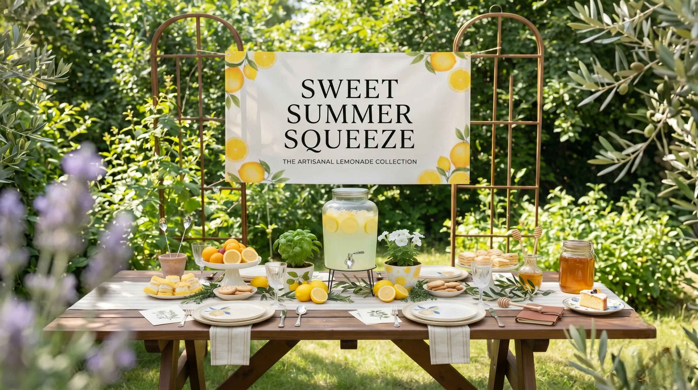 Summer garden party table setting with a large lemonade dispenser, fresh pastries, and a Sweet Summer Squeeze sign.
