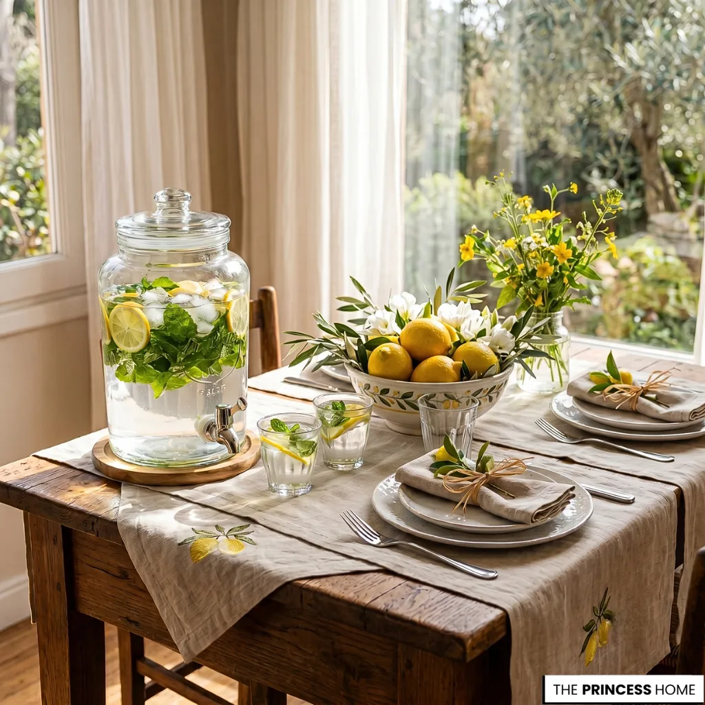 Rustic wooden dining table set with linen runners, a glass beverage dispenser, and a bowl of fresh lemons.
