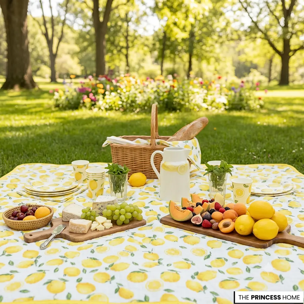 Summer picnic setup on a lemon print blanket with fresh fruits, cheese boards, and a wicker basket in a sunny park.