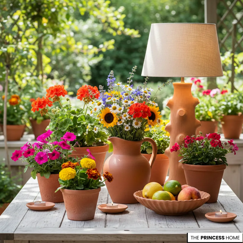 Terracotta pots and a pitcher filled with colorful summer flowers on a wooden table alongside a terracotta lamp.