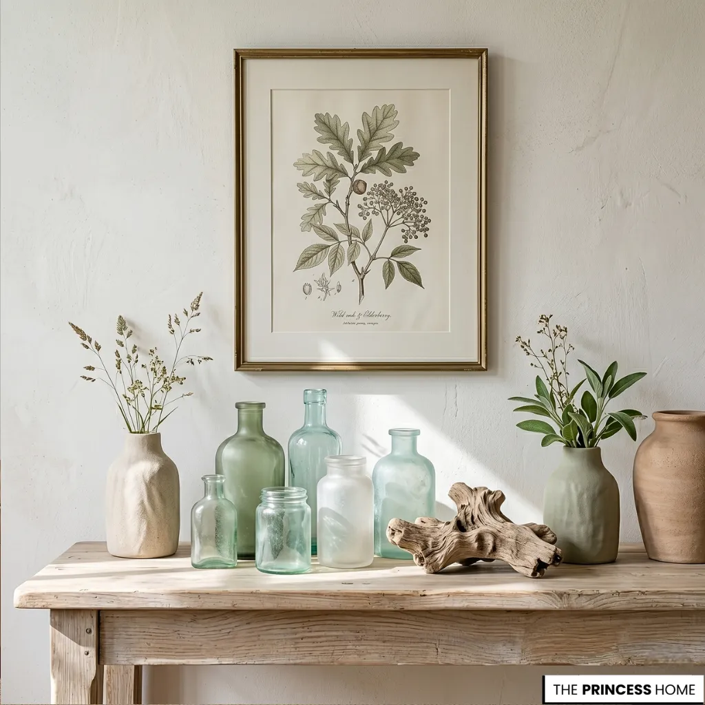 Vintage botanical wall art above a wooden console table arranged with sea glass bottles, pottery, and driftwood.