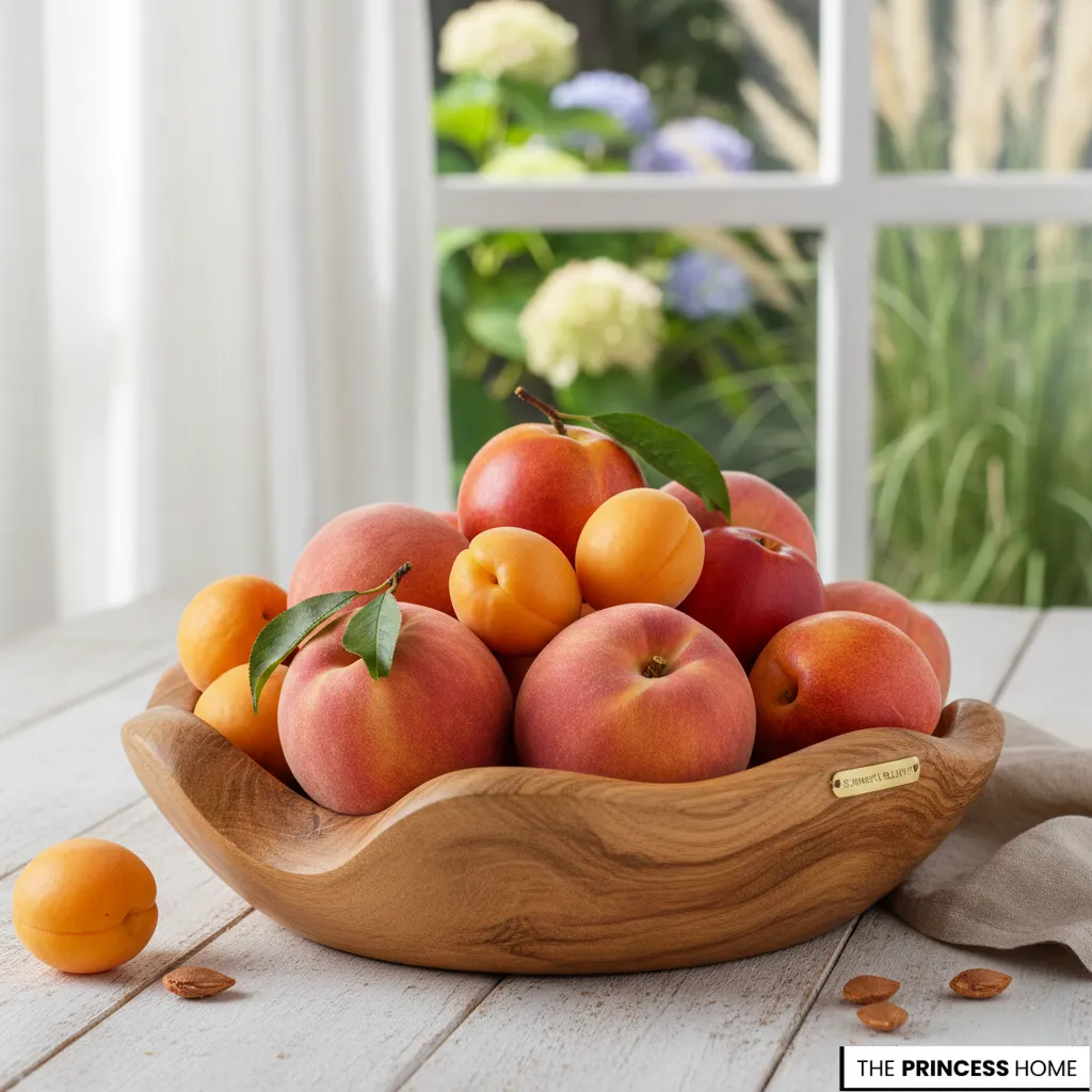 A carved wooden bowl filled with fresh peaches and apricots on a white table in front of a bright window.